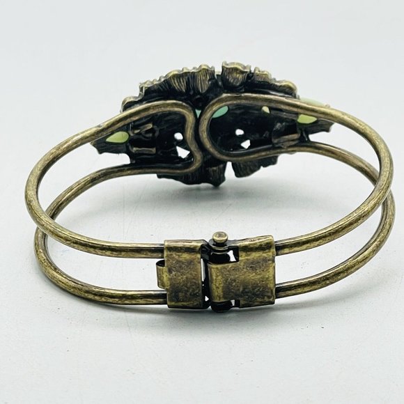 Floral Beaded Clamper Bracelet Brass Tone Green Beads Boho Festival Party Hippie - Picture 2 of 7